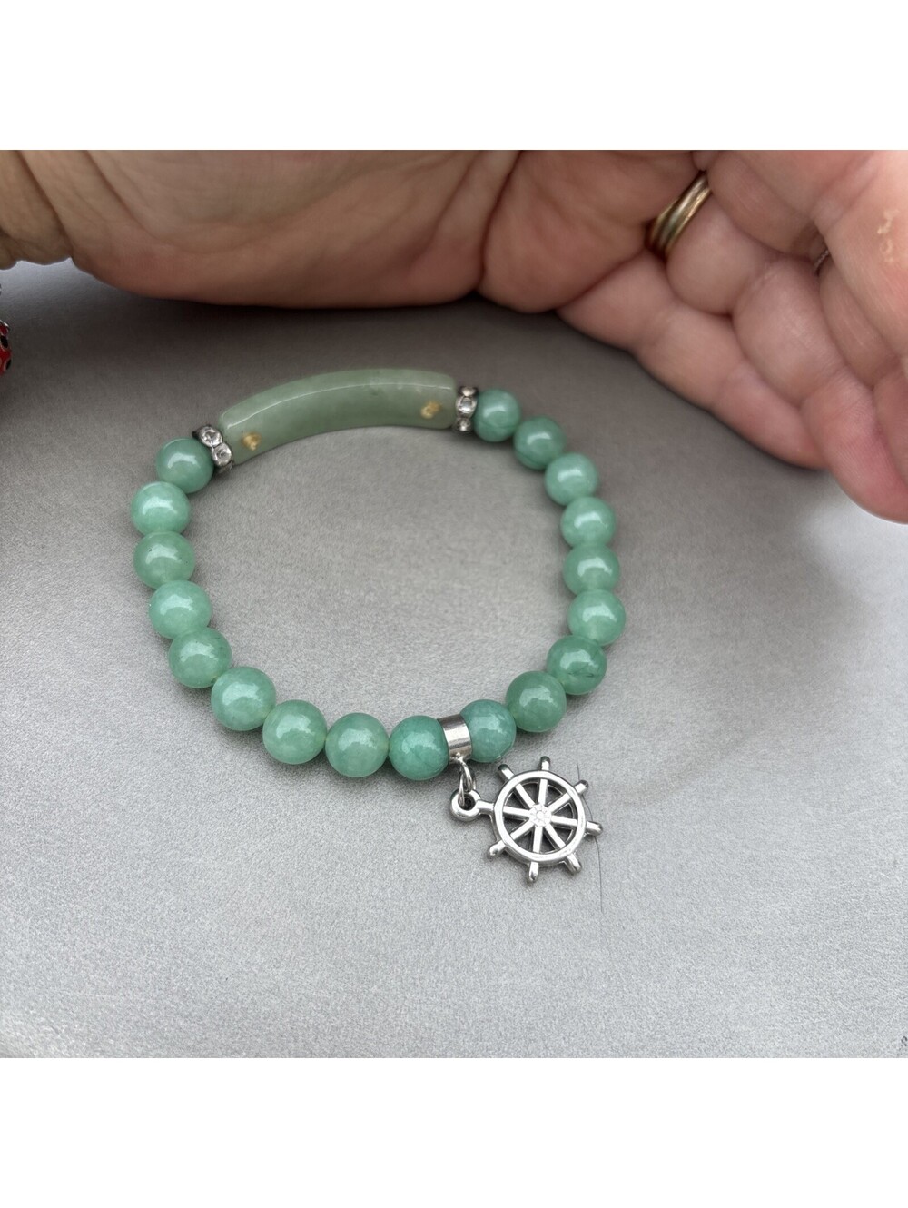 Bluegreen JADE GLASS NAUTICAL BEADED BRACELET stretch ship wheel charm